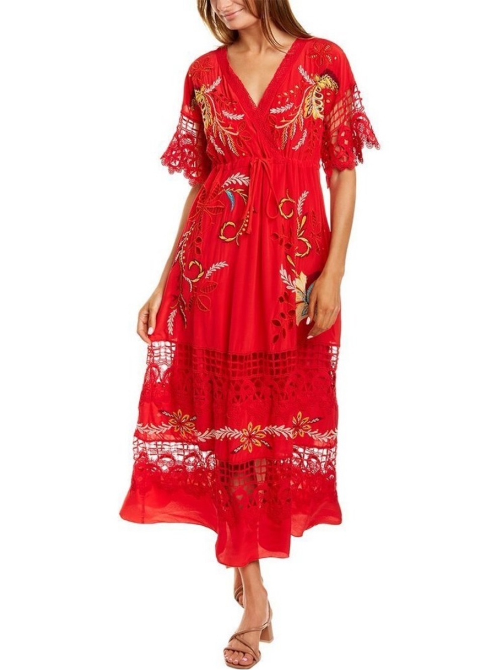 NWT Johnny Was Celeste Embroidered Maxi Dress Red Silk Crochet Small